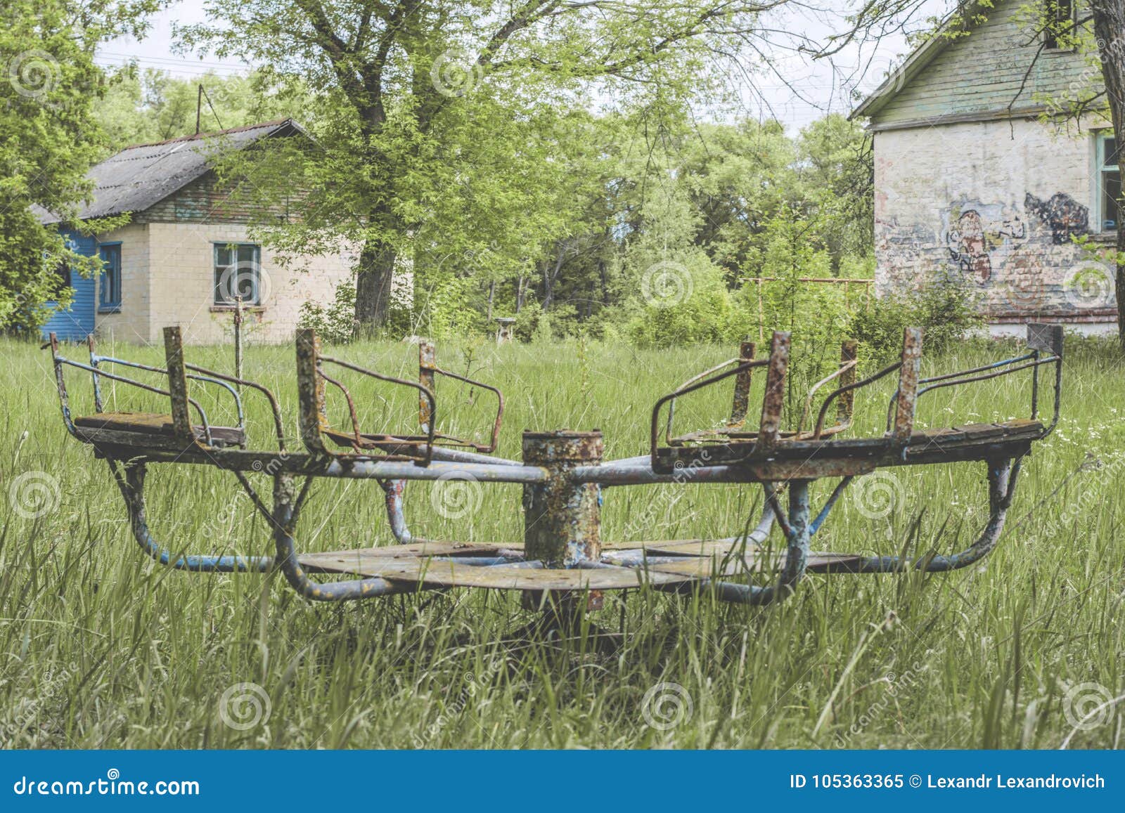 old ruined rusted broken abandoned attraction in the summer camp in ukraine