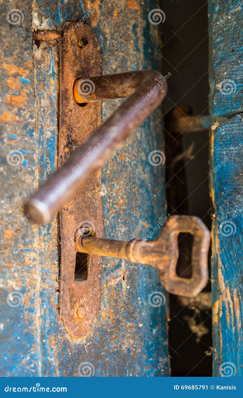 Old Rustic Door Open With Rusty Lock Key And Keyhole Stock