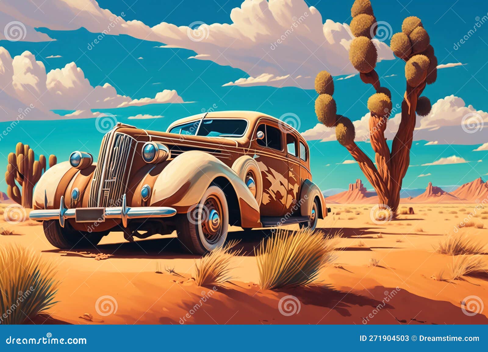old rusty abandoned car in the middle of the desert, humanly enhanced ai generated
