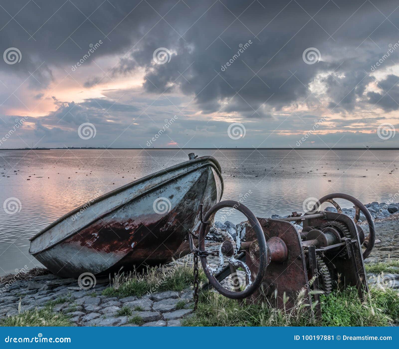 old rusty boat during sunset, ijselmeer holland