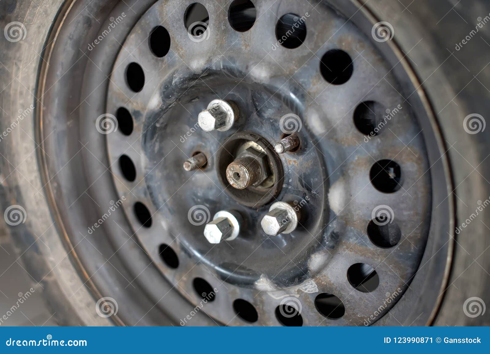Old Rusty Car Wheel Disk with Unscrewed Bolts Stock Image Image of