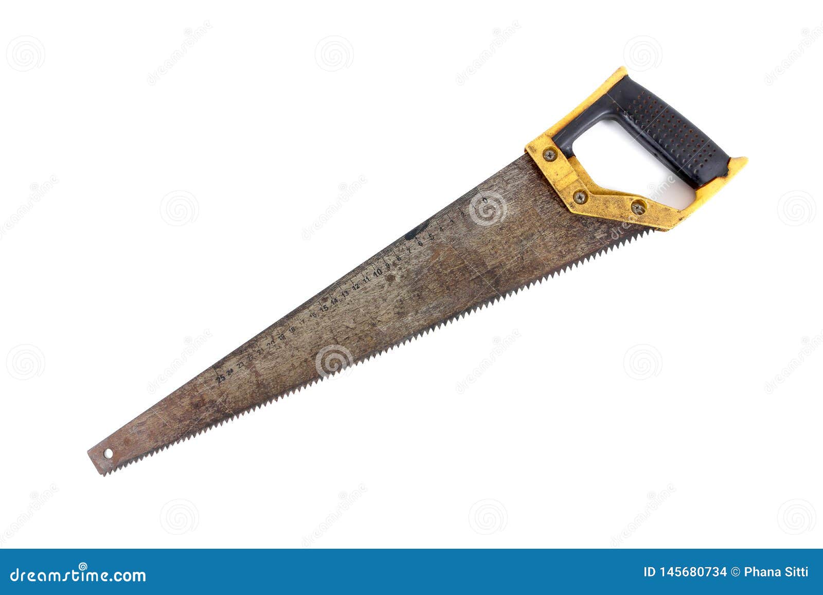 Old Rusty Crosscut Saw with Scales Isolated on White Background. Old