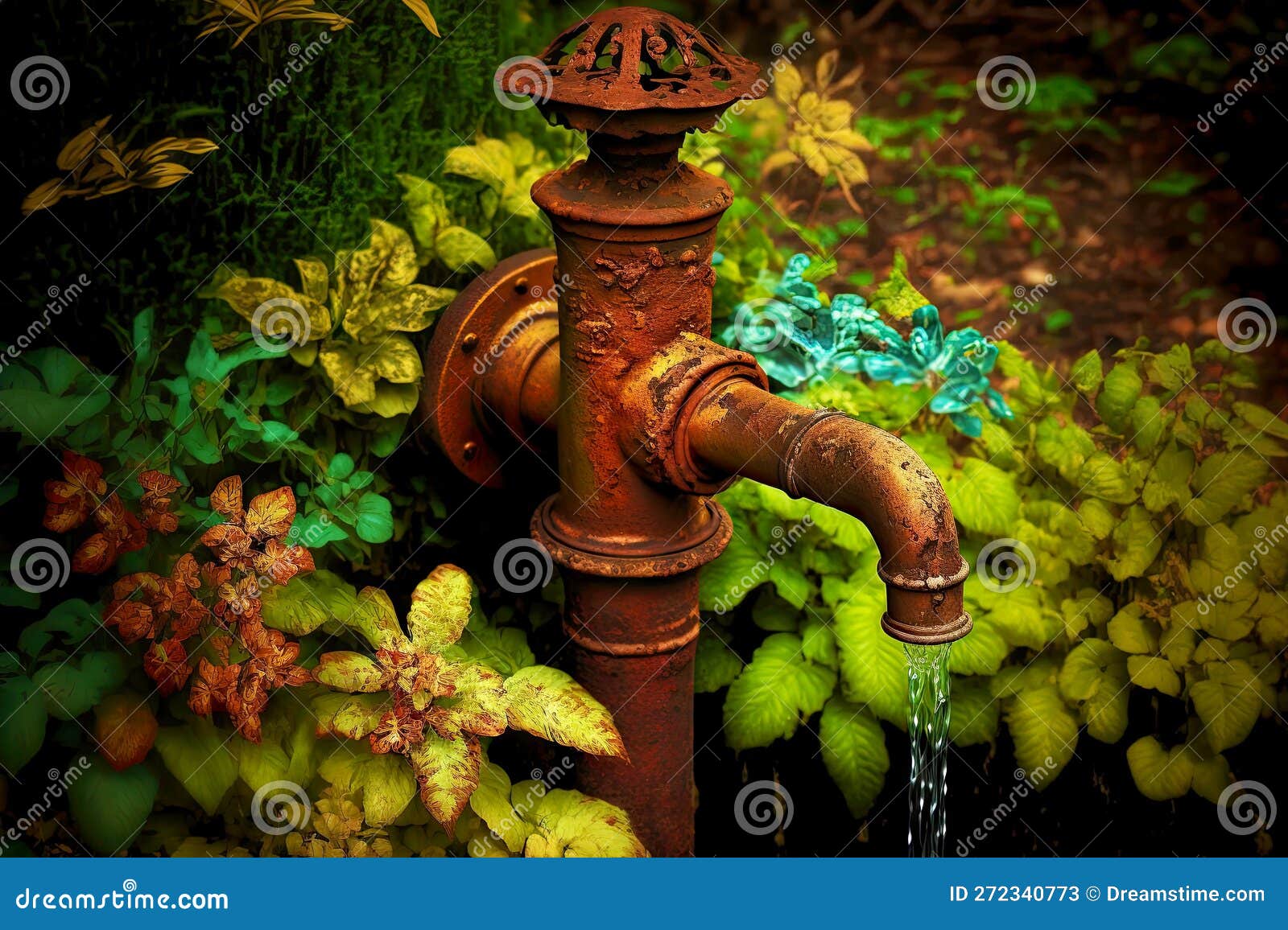 From Old Rusty Garden Tap Flows Water in Garden Stock Illustration