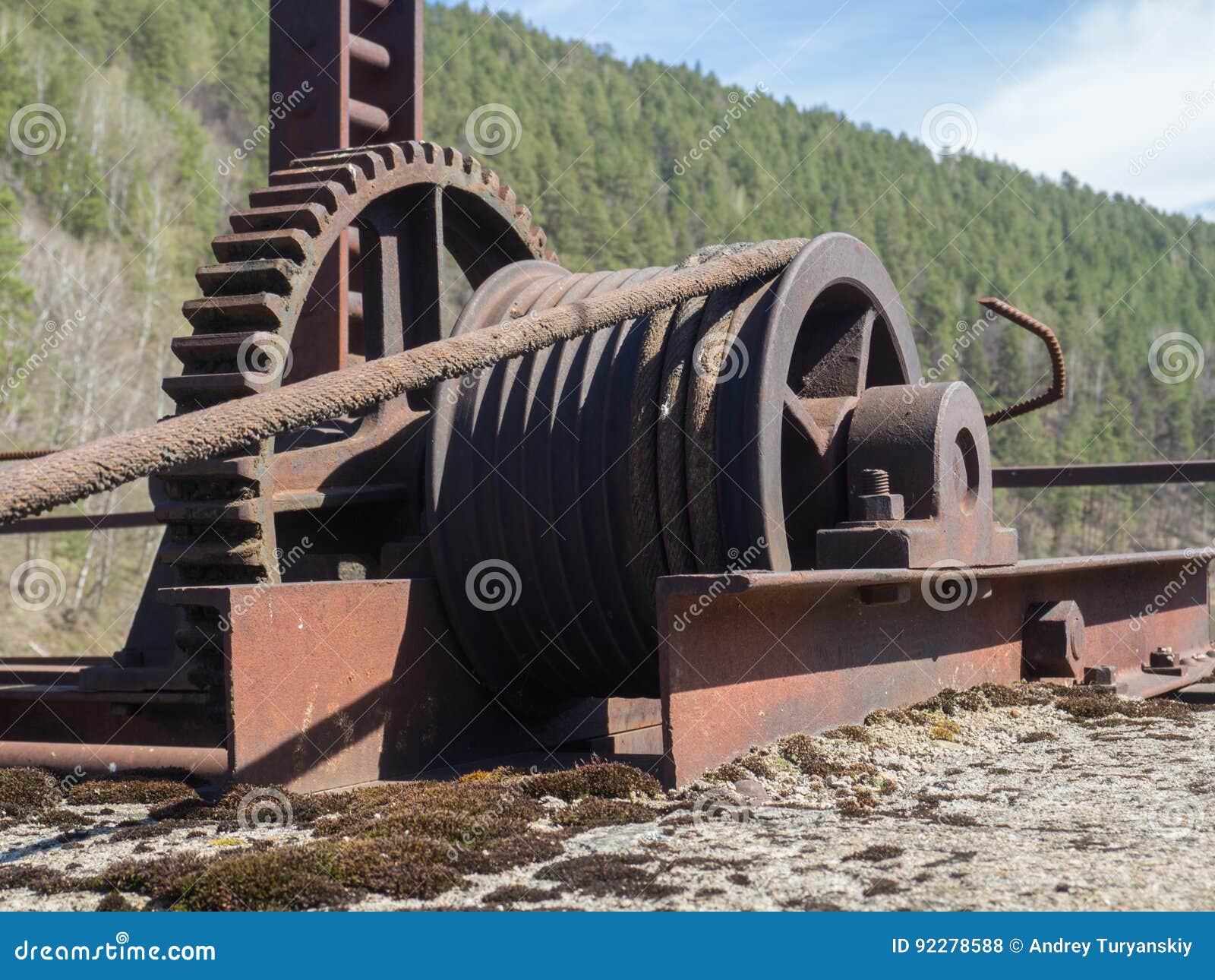 Old Rusty Industrial Winch with Rope and Gear Stock Photo Image of