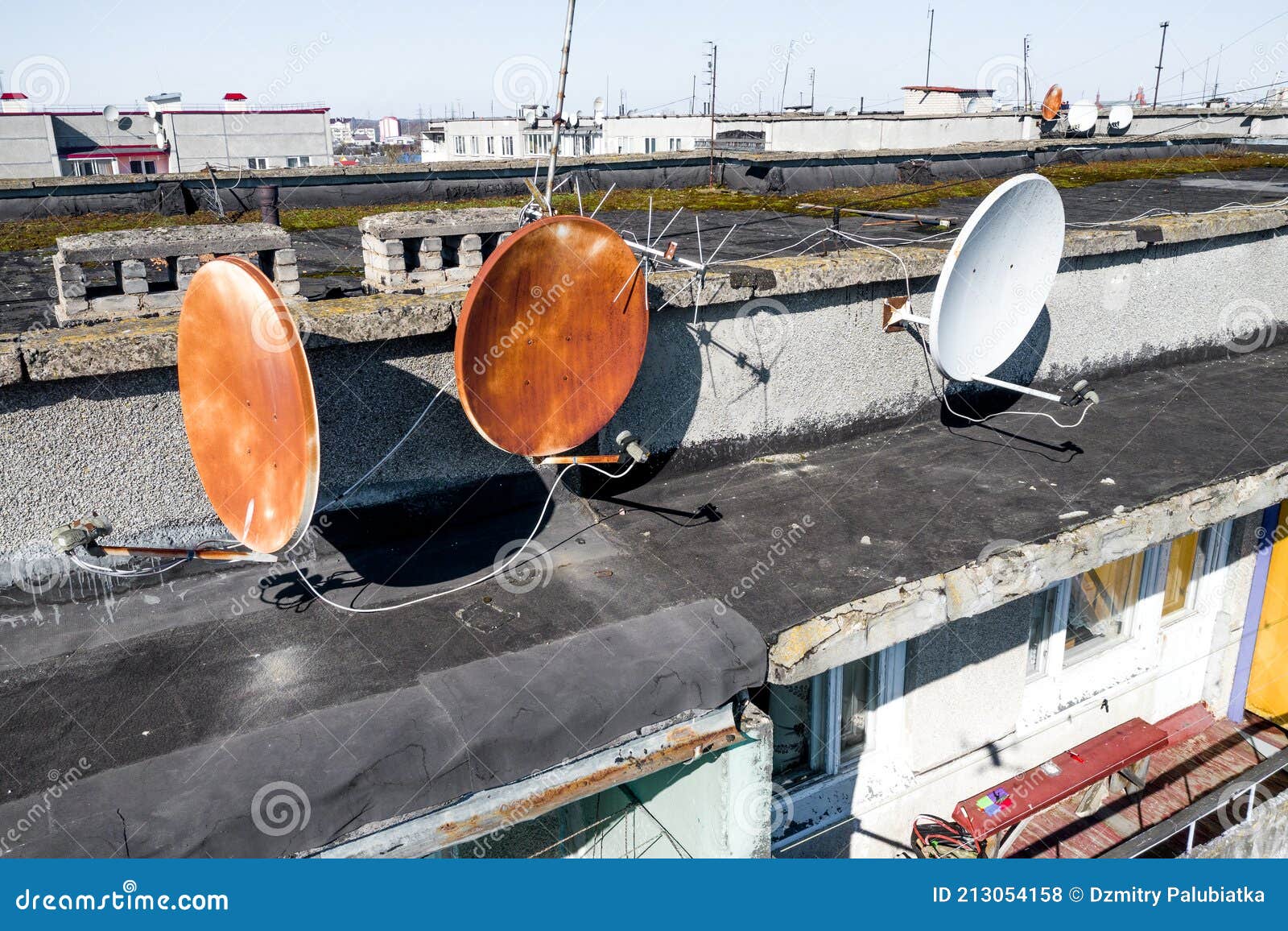 Old Rusty Satellite Dishes on the Roof Stock Photo Image of electronic, communication 213054158