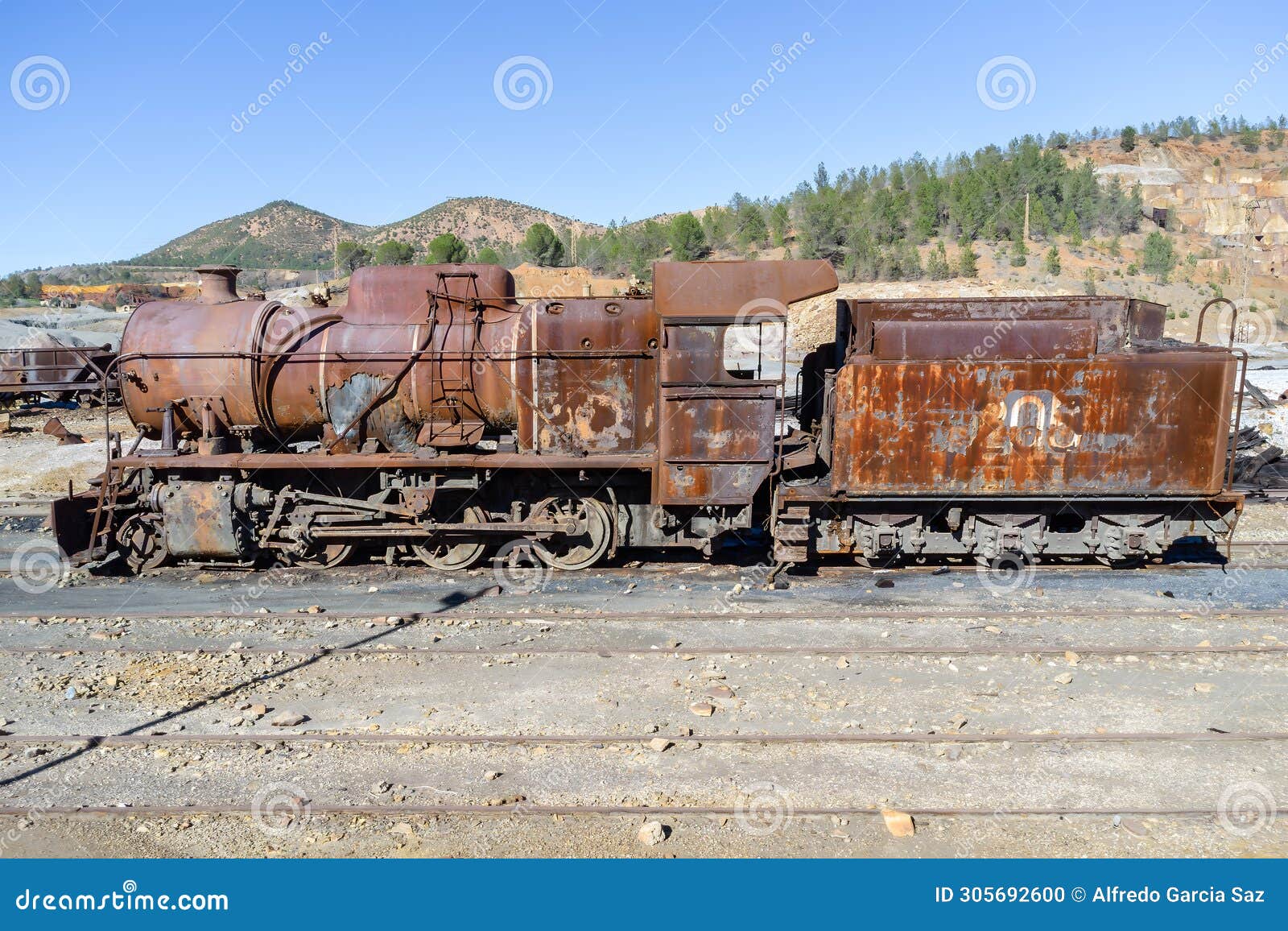 old and rusty steam mining train used for transportation of the copper of corta atalaya mining