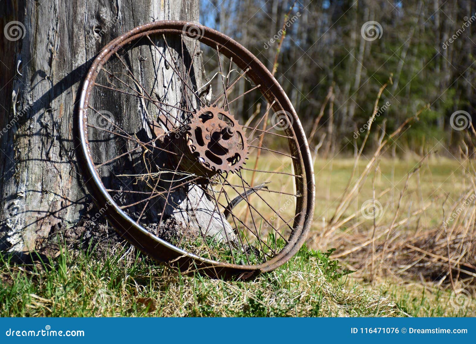 Old Rusty Wheel of a Motorcycle. Stock Photo Image of farm, leaning