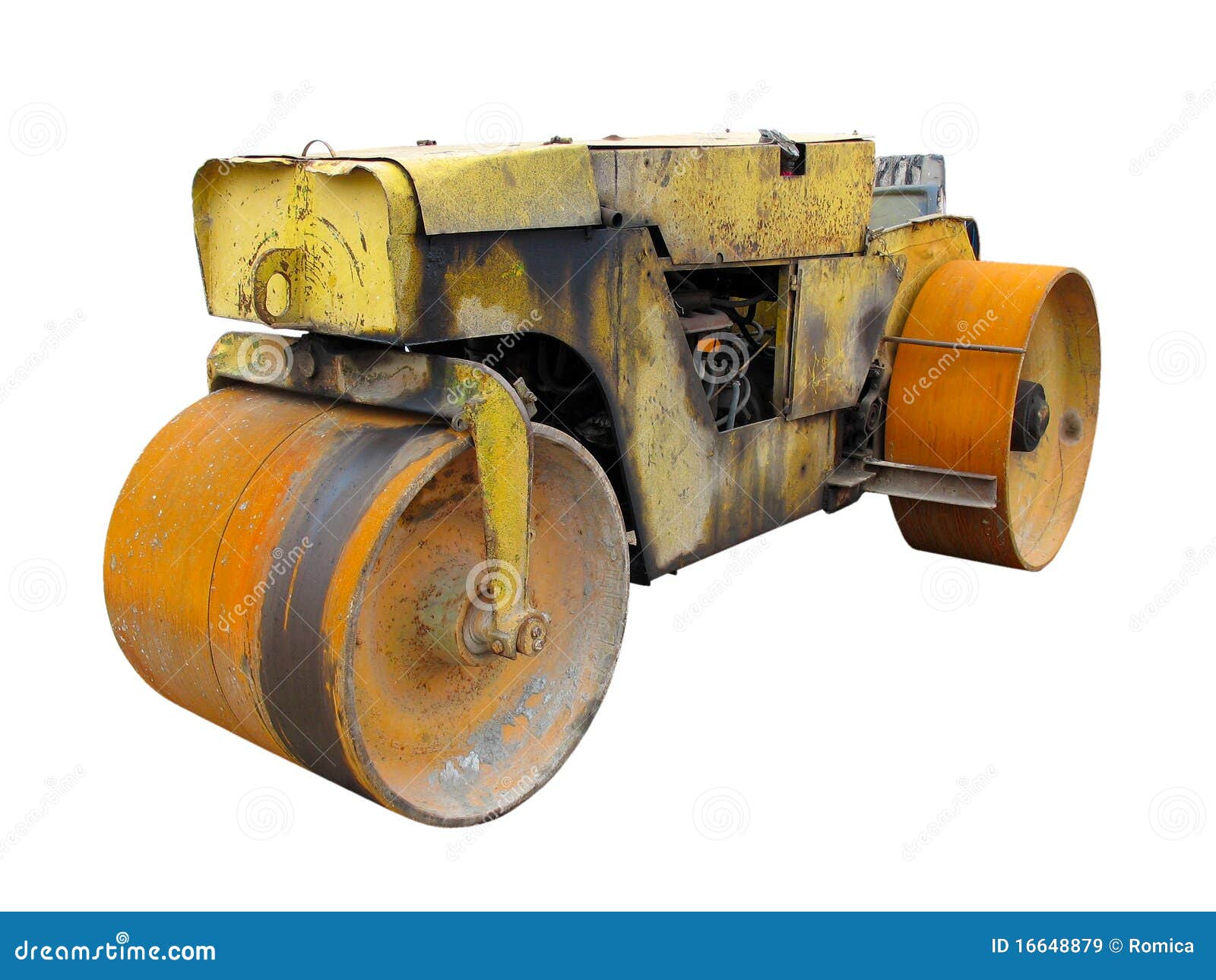 Old Rusty Yellow Road Roller Isolated Over White Royalty Free Stock