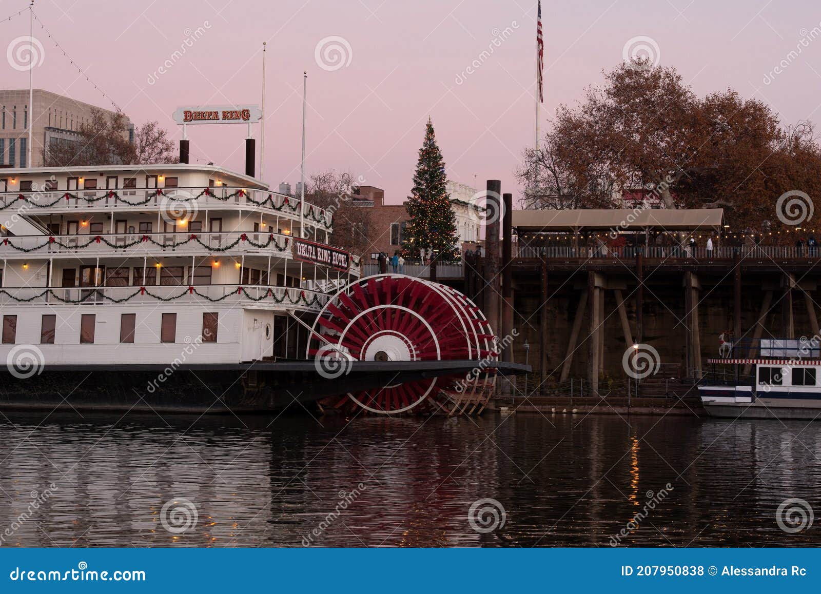 Old Sacramento Christmas Tree and Delta King Hotel Editorial Stock