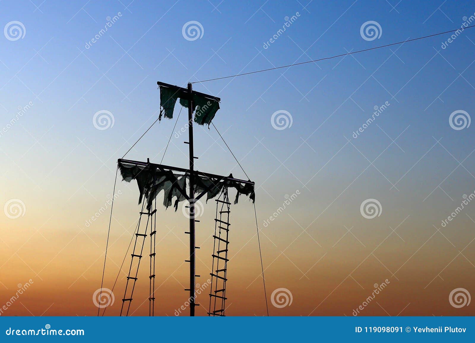 Old Sailer Pirate Ship, with Torn Sails, at Sunset. Stock Image - Image ...