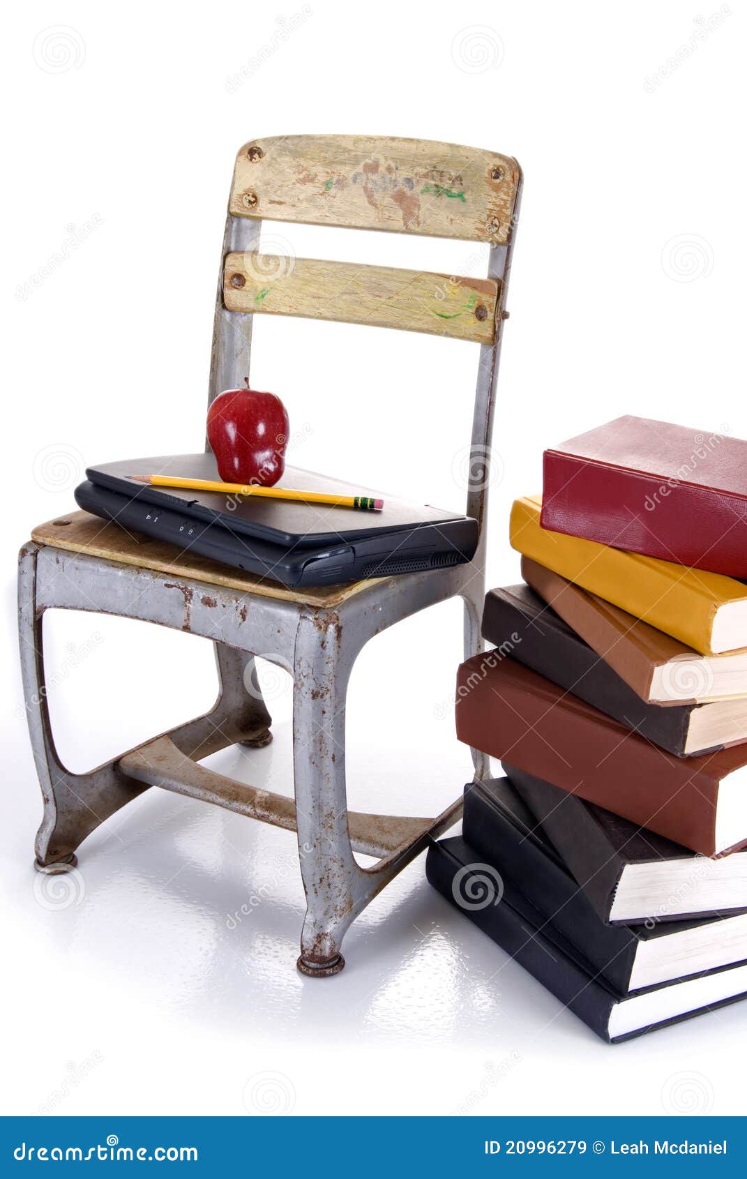Old School Chair, Laptop and Stack of Books Stock Image Image of