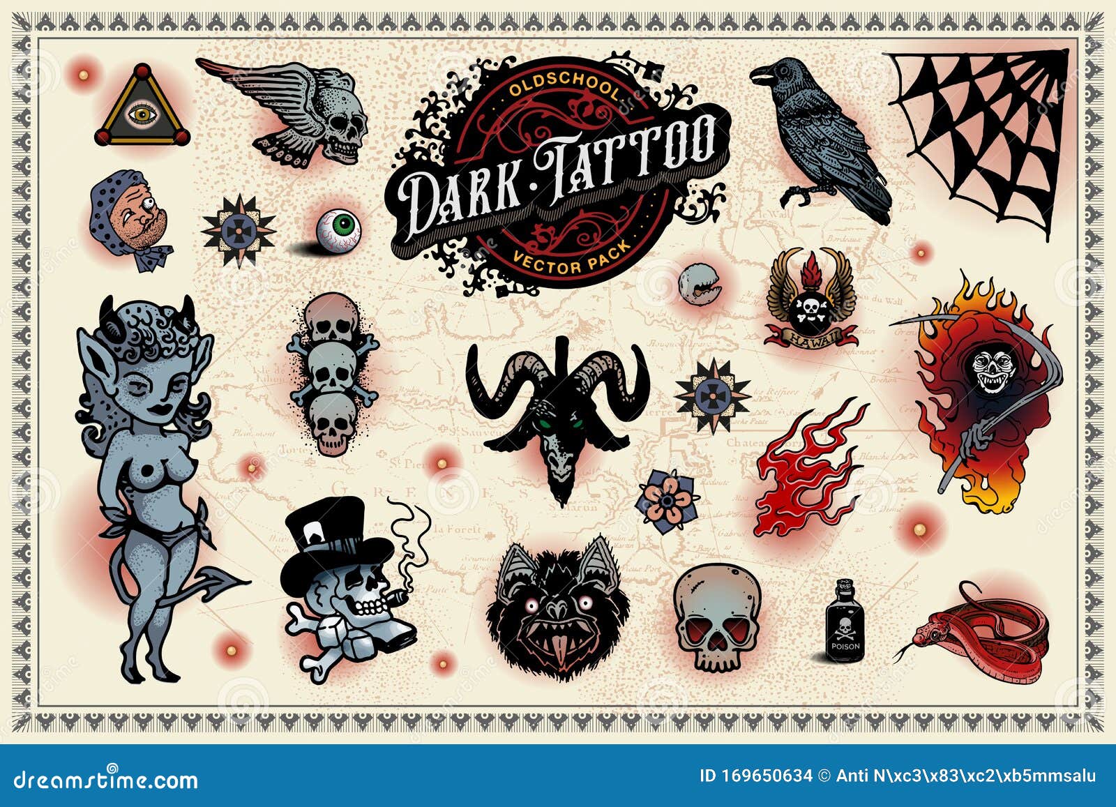 Old School Tattoo Package stock vector. Illustration of crow - 169650634