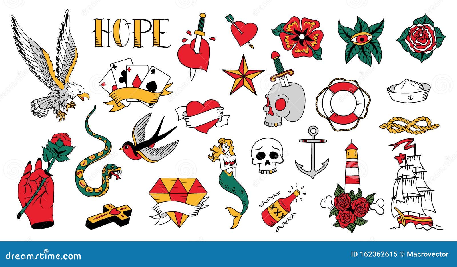 Old School Tattoo Set stock vector. Illustration of hope - 162362615