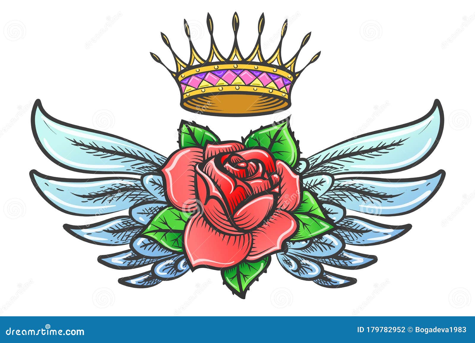 Old School Tattoo with Winged Rose Flower and Crown Stock Vector - Illustration of classic, ribbon: 179782952