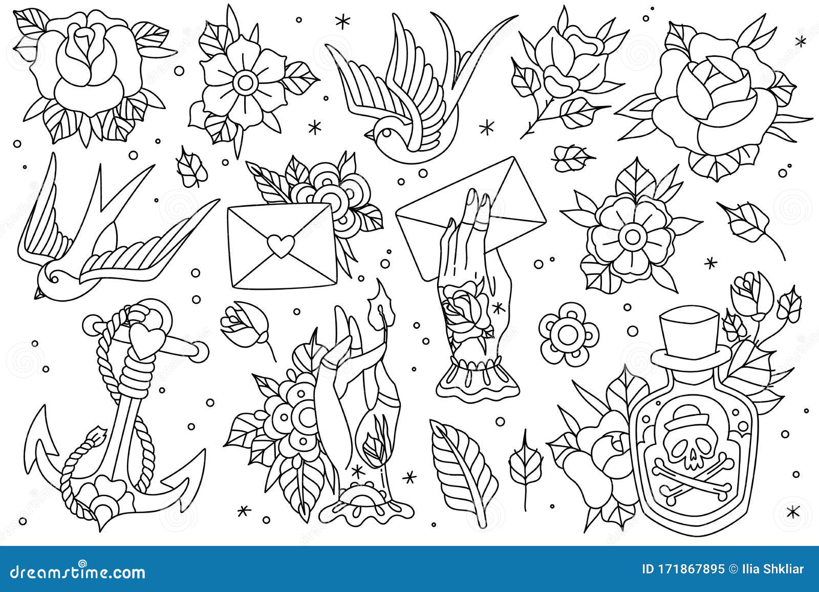 old school traditional outlines tattoo set. old school traditional tattoo flash outlines icons pack with swallow rose