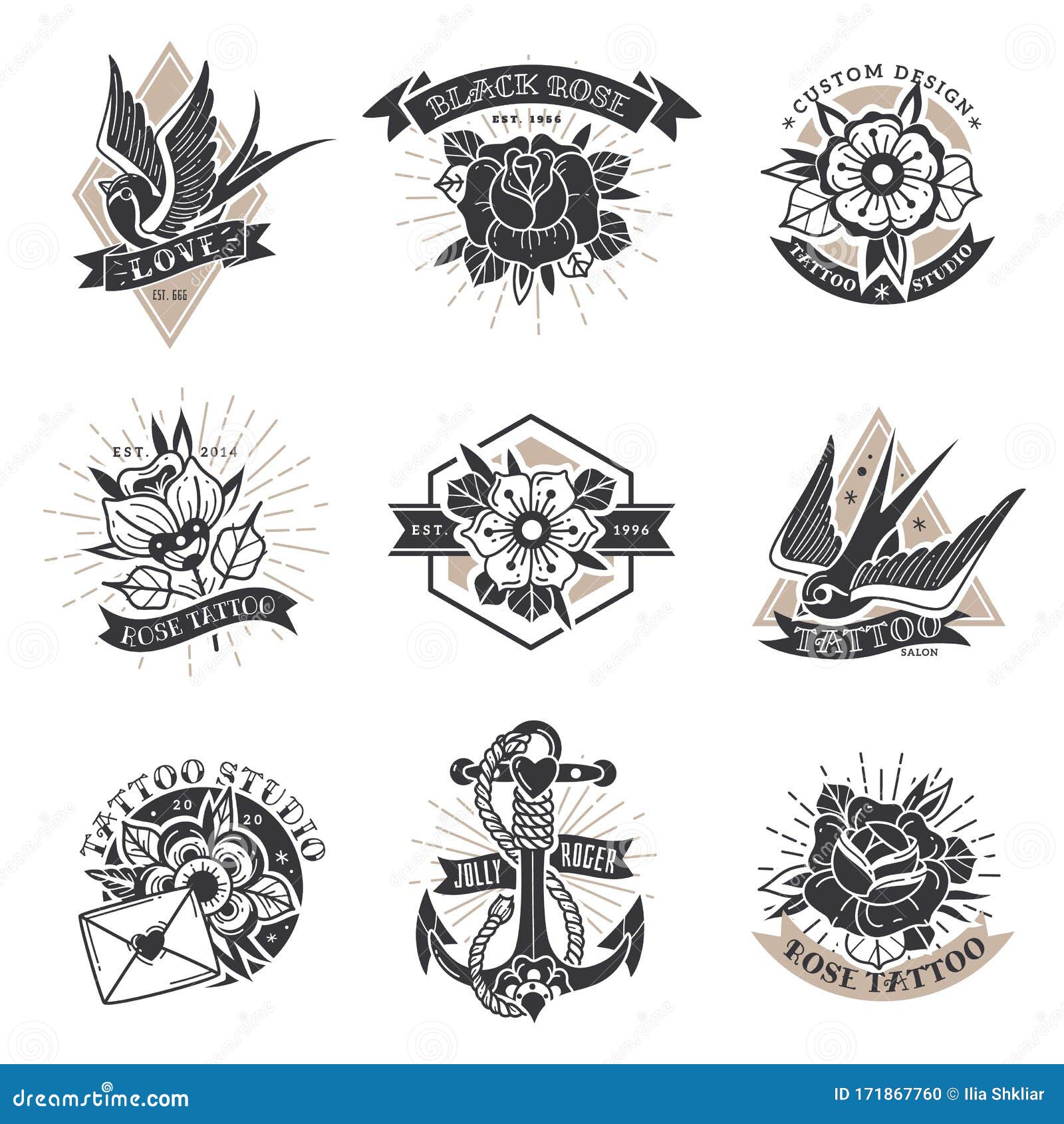 Old School Traditional Tattoo Emblems Set Stock Vector - Illustration Of  Fashion, Botany: 171867760