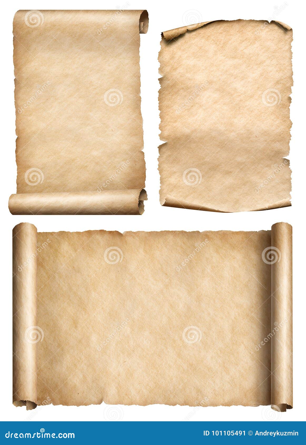 Old Scroll, Parchment, Papyrus Realistic 3d Illustration Set Stock