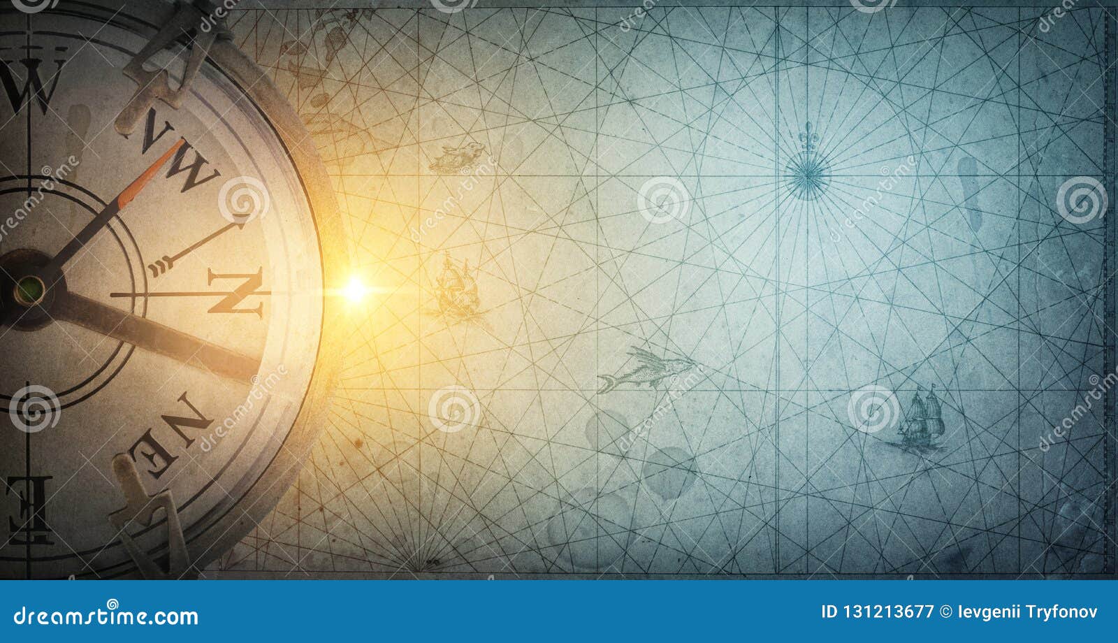old sea compass on abstract map background. pirate and nautical