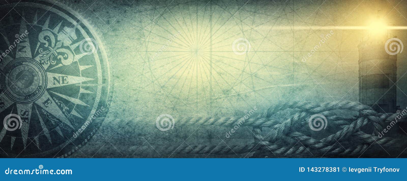 old sea compass, lighthouse and sea knot on abstract map background. pirate, explorer, travel and nautical theme grunge