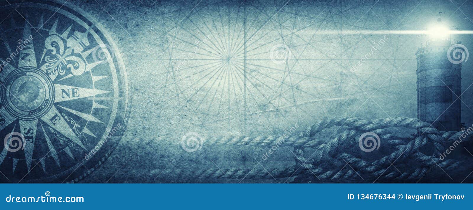 old sea compass, lighthouse and sea knot on abstract map background. pirate, explorer, travel and nautical theme grunge