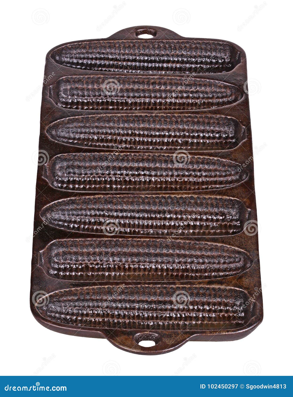Seasoned, Old Castiron Corn Stick Pan Isolated on White Vertical Stock