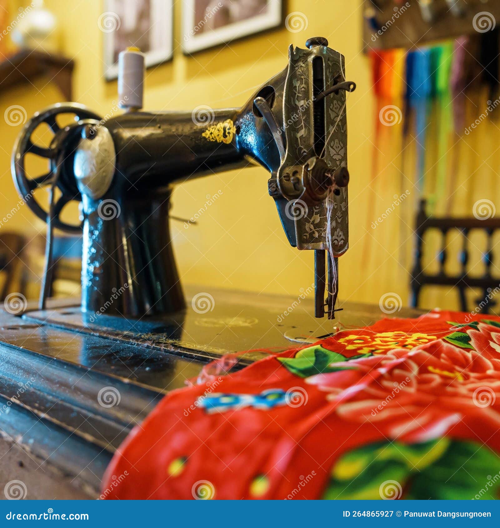 Old Sewing Machine on Table Stock Image Image of fabric, manual