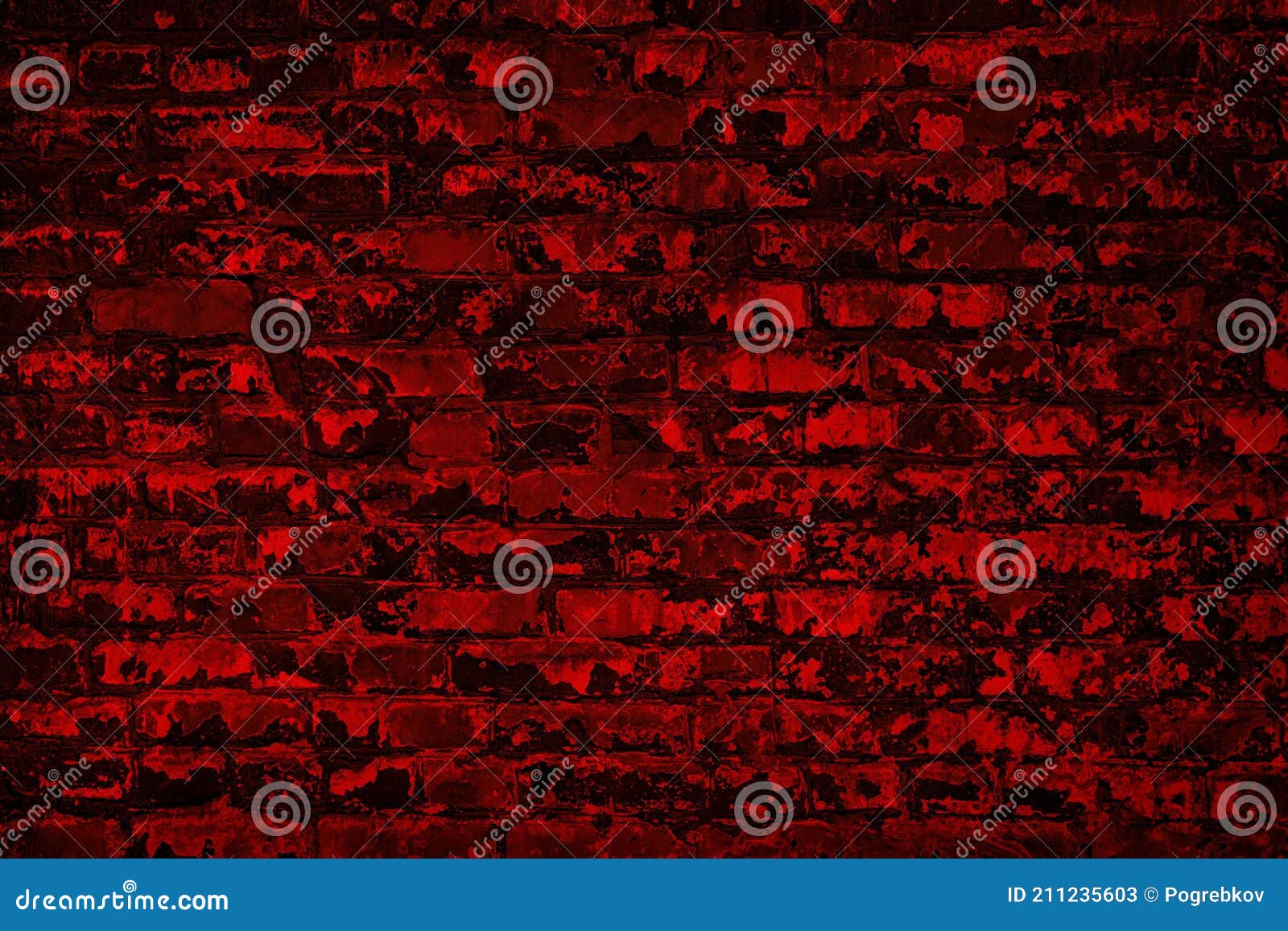 Old shabby scarlet colour painted brick wall. Aged bright red brickwork texture. Dark grunge background