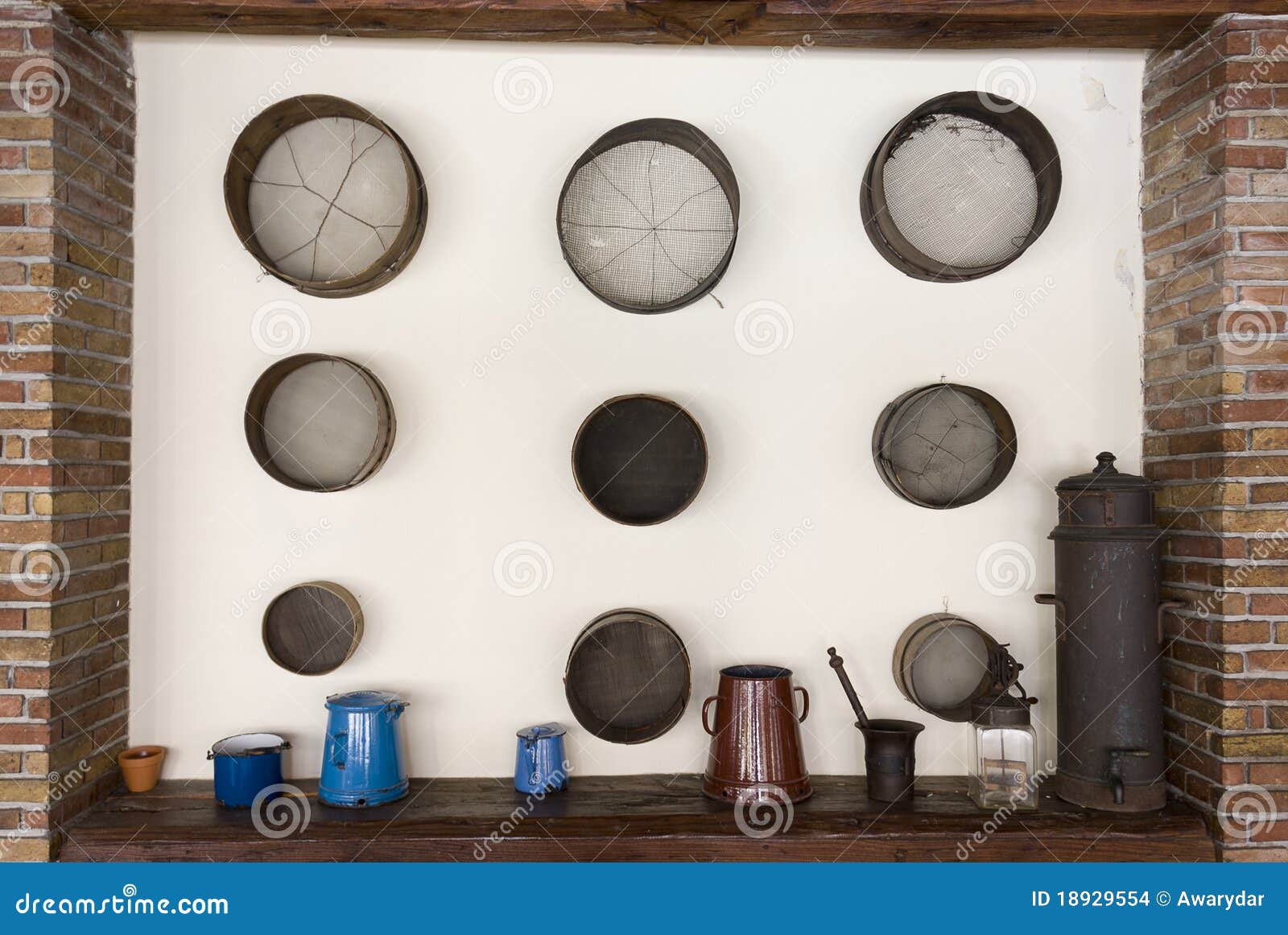 Old sieves on the wall stock photo. Image of folk, decoration 18929554