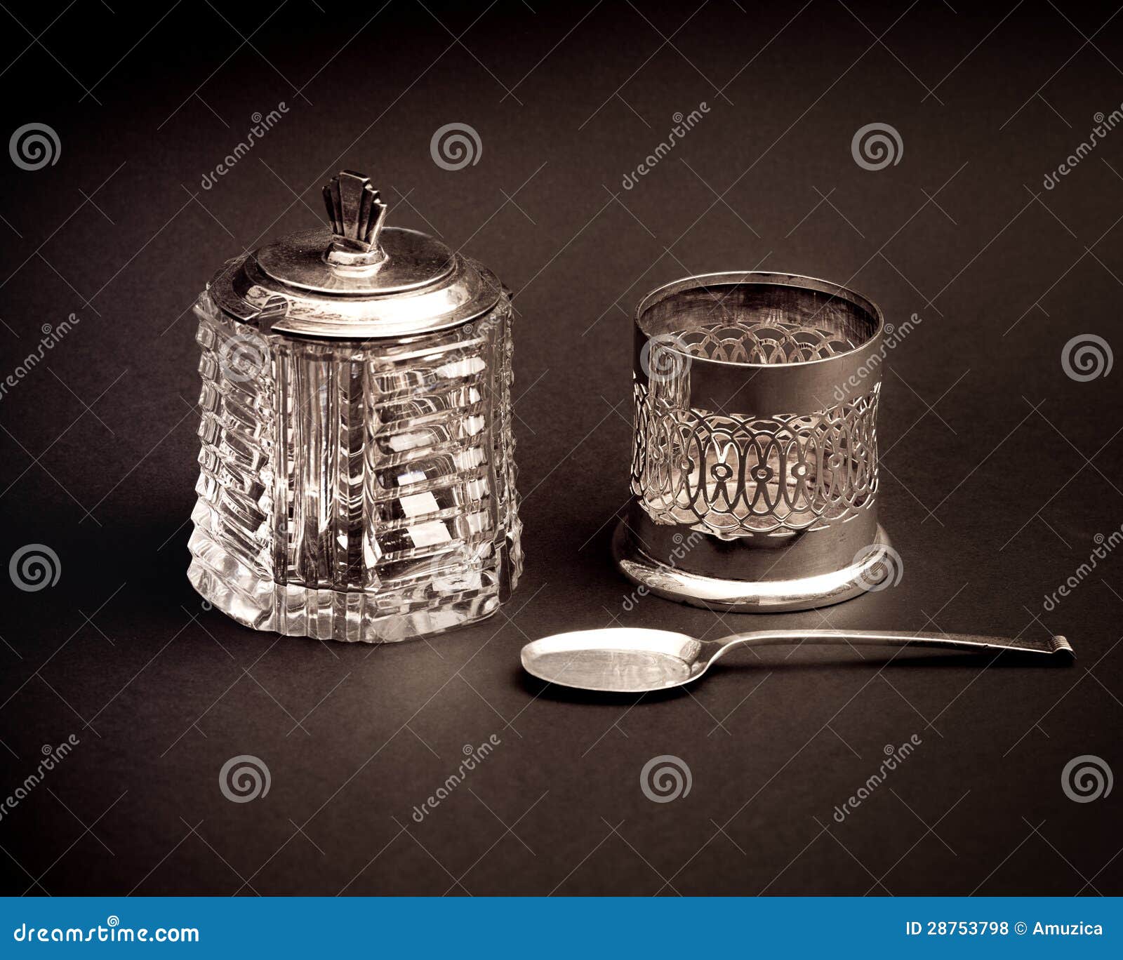 Old Silver Tea Glass Holder, Spoon and Glass Sugar Stock Photo Image