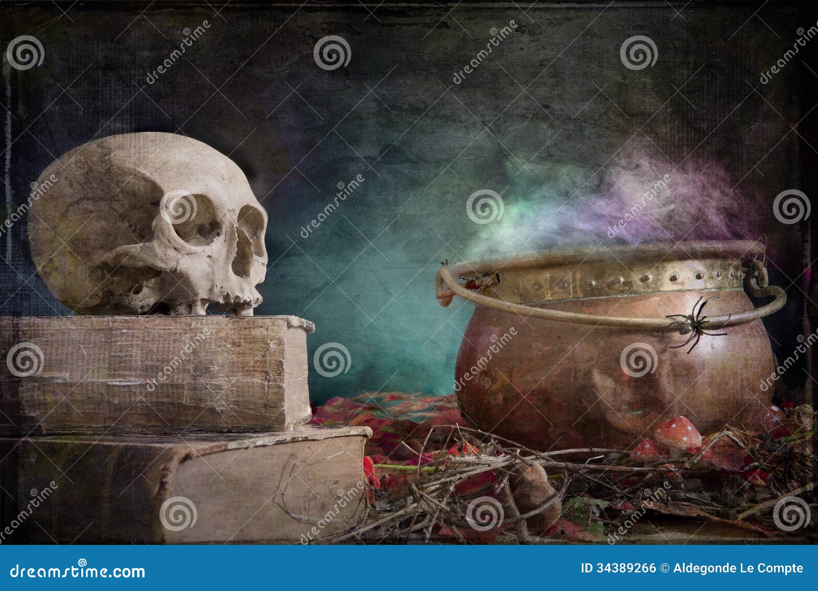 Old Skull on Old Book and Copper Cauldron Stock Photo - Image of