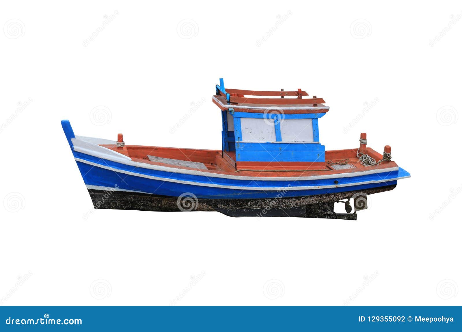 Old Small Fishing Boats Isolated on White Background. Stock Photo