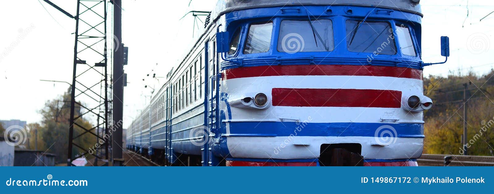 old soviet electric train with outdated  moving by rail