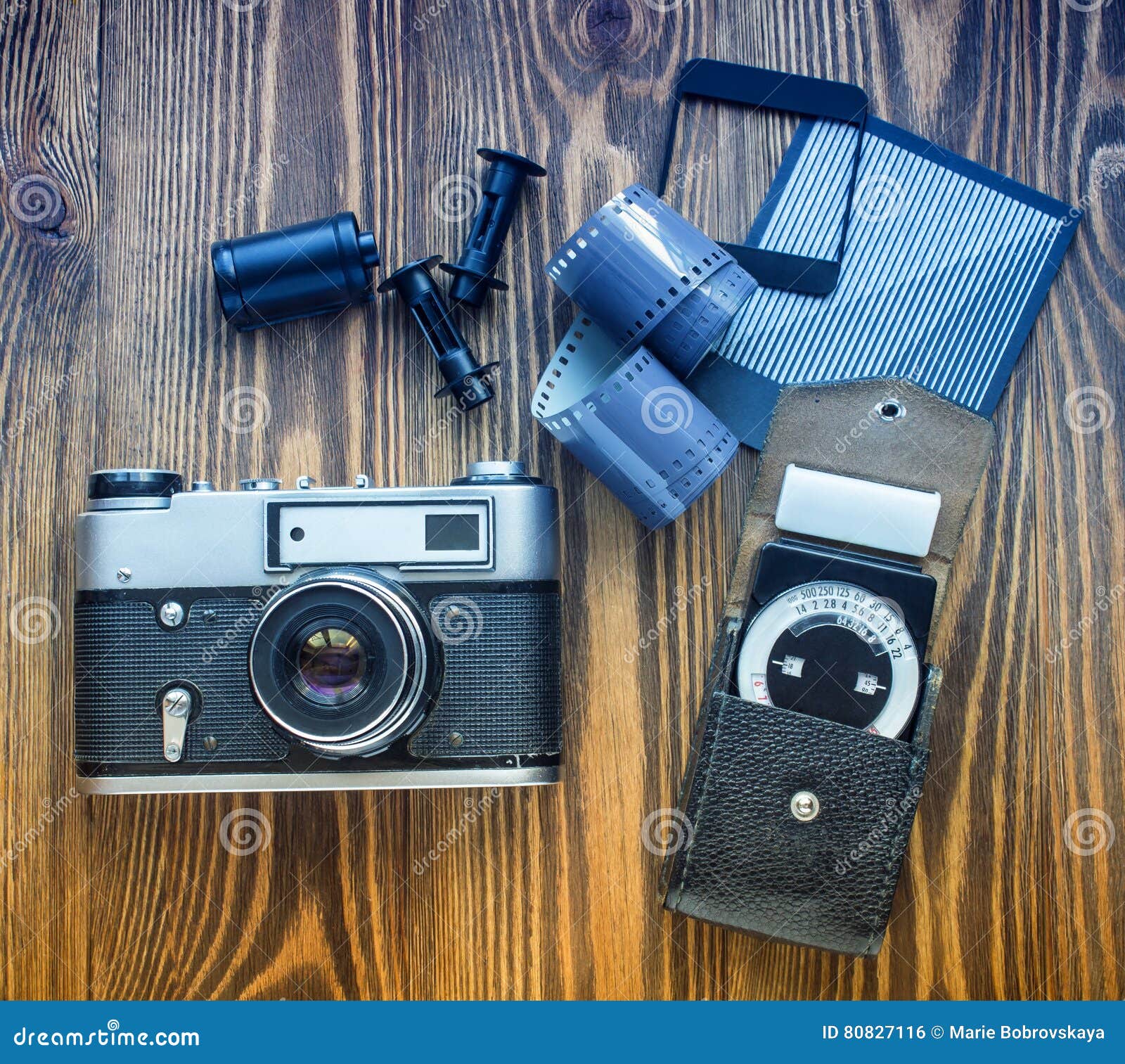 Old Soviet Rangefinder Camera,exposure Meter and Another Trappings of