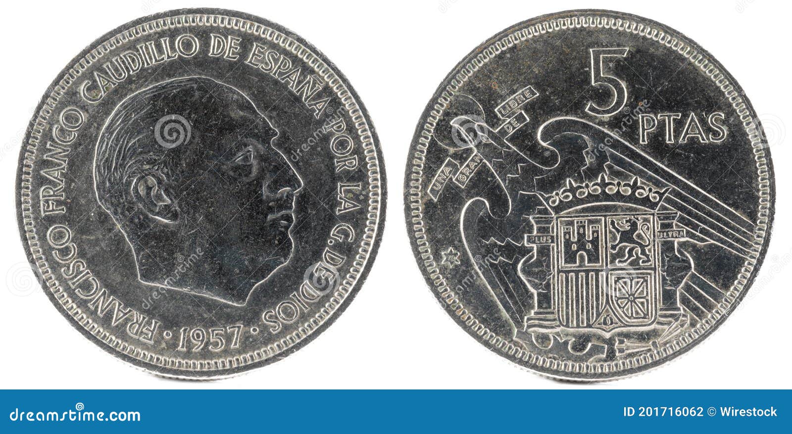 spanish coin of 5 pesetas, francisco franco