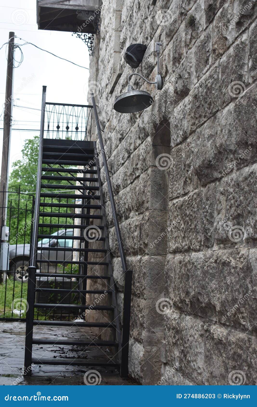 stone wall and steel stairs in bandera texas