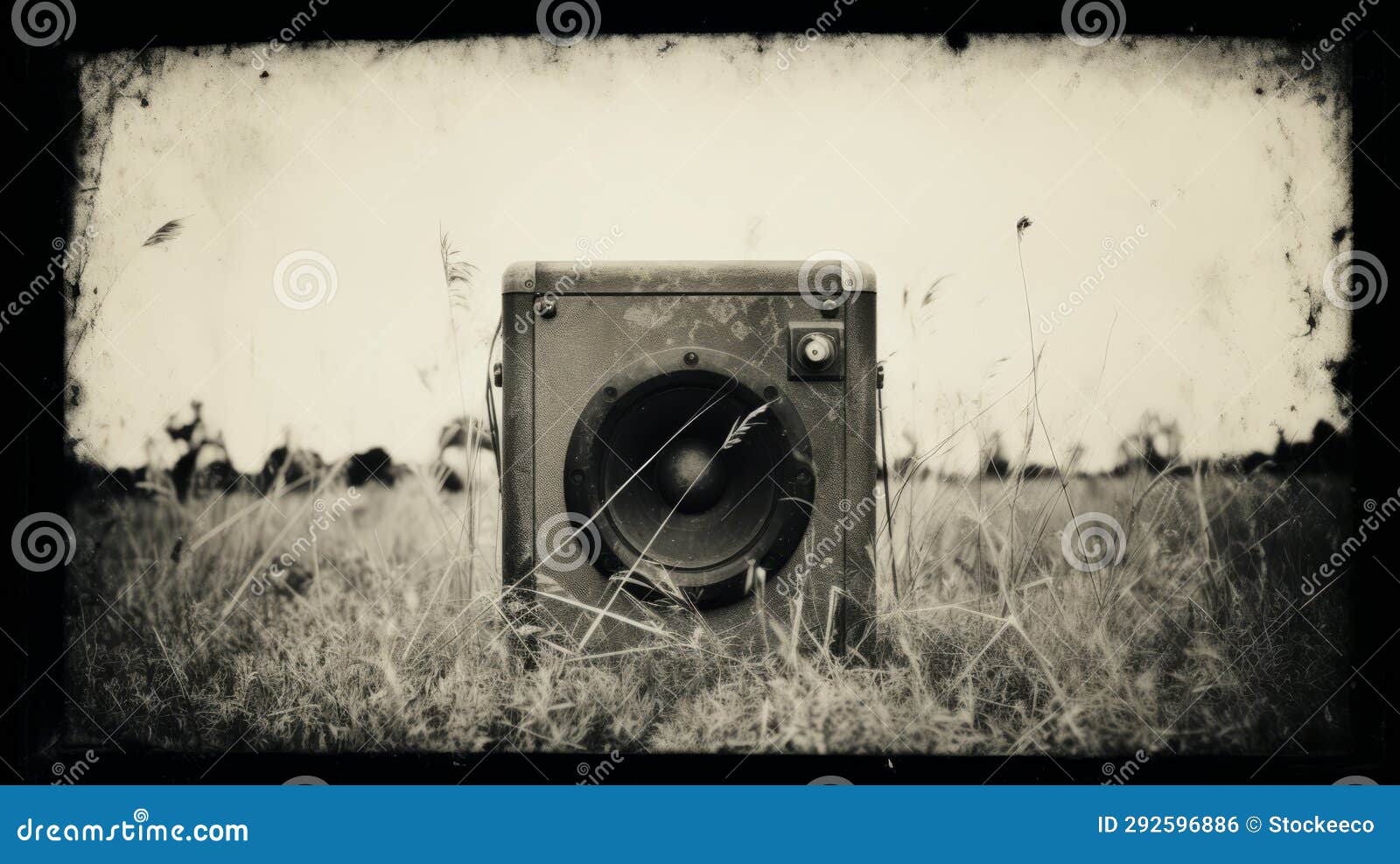 vintage black-and-white photo: old speaker in grassy field
