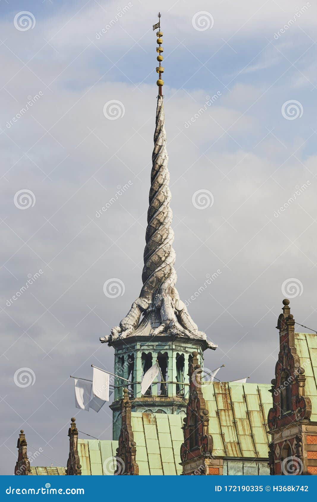 old stock exchange tower with twisted dragons. copenhague architecture