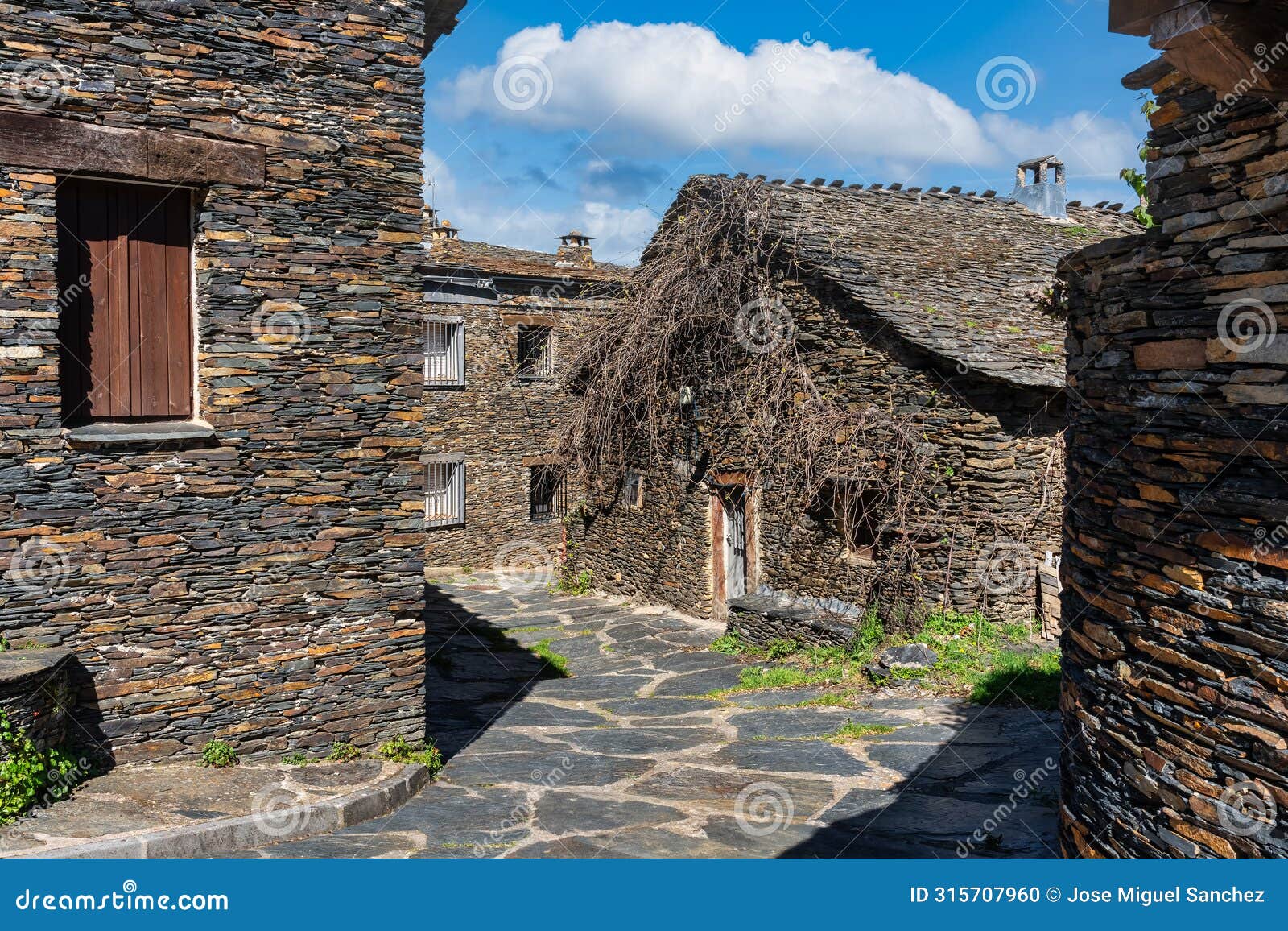 old stone constructions on the route of the black villages, majaelrayo, guadalajara.