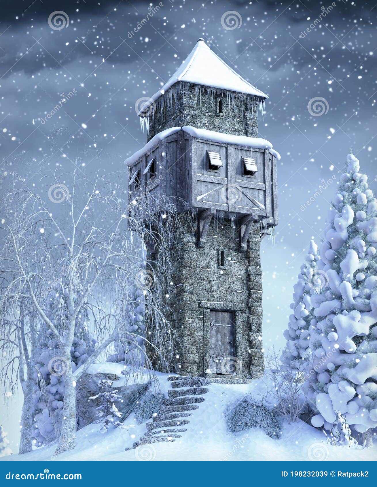 O Jogo dos Tronos - Rocken Karstark Old-stone-watch-medieval-tower-snow-covered-winter-landscape-d-render-198232039