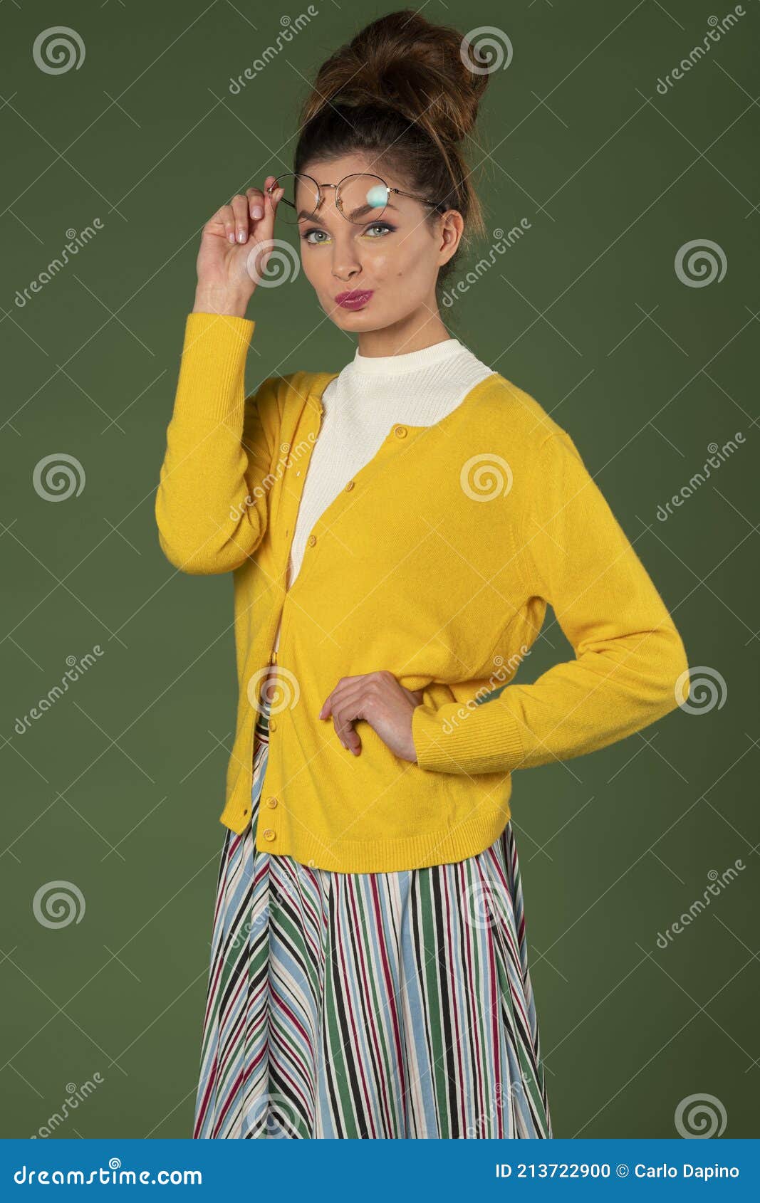 Cute Girl with Old Style Dress and Hair Do Looking in Camera Making ...