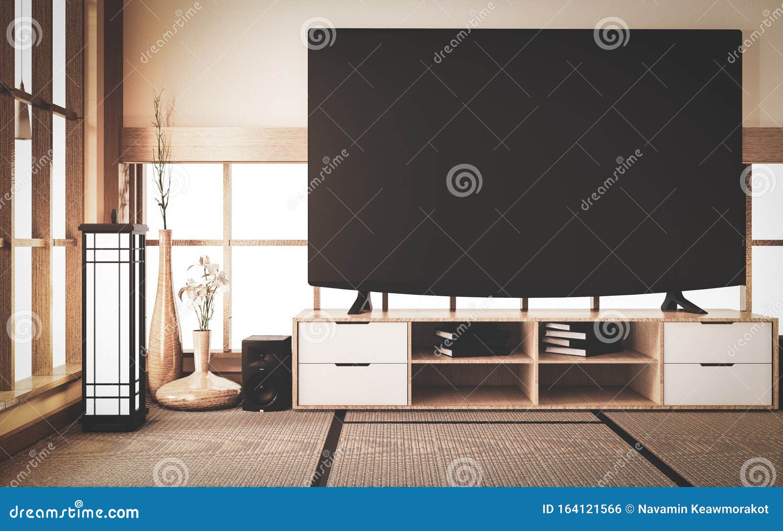 old style, mock up smart tv on wooden cabinet  in room japanese style on floor tatami mat.3d rendering