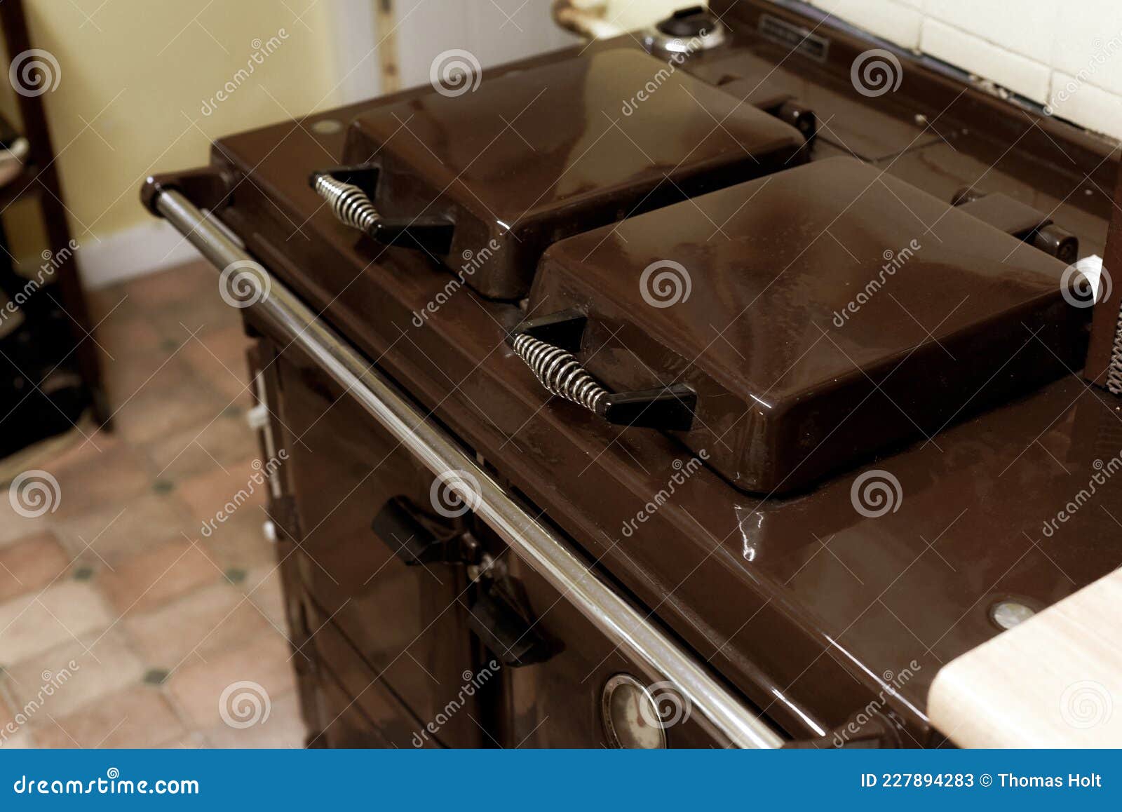 Old Style Oil Burning Stove in Retro Kitchen Interior Stock Image