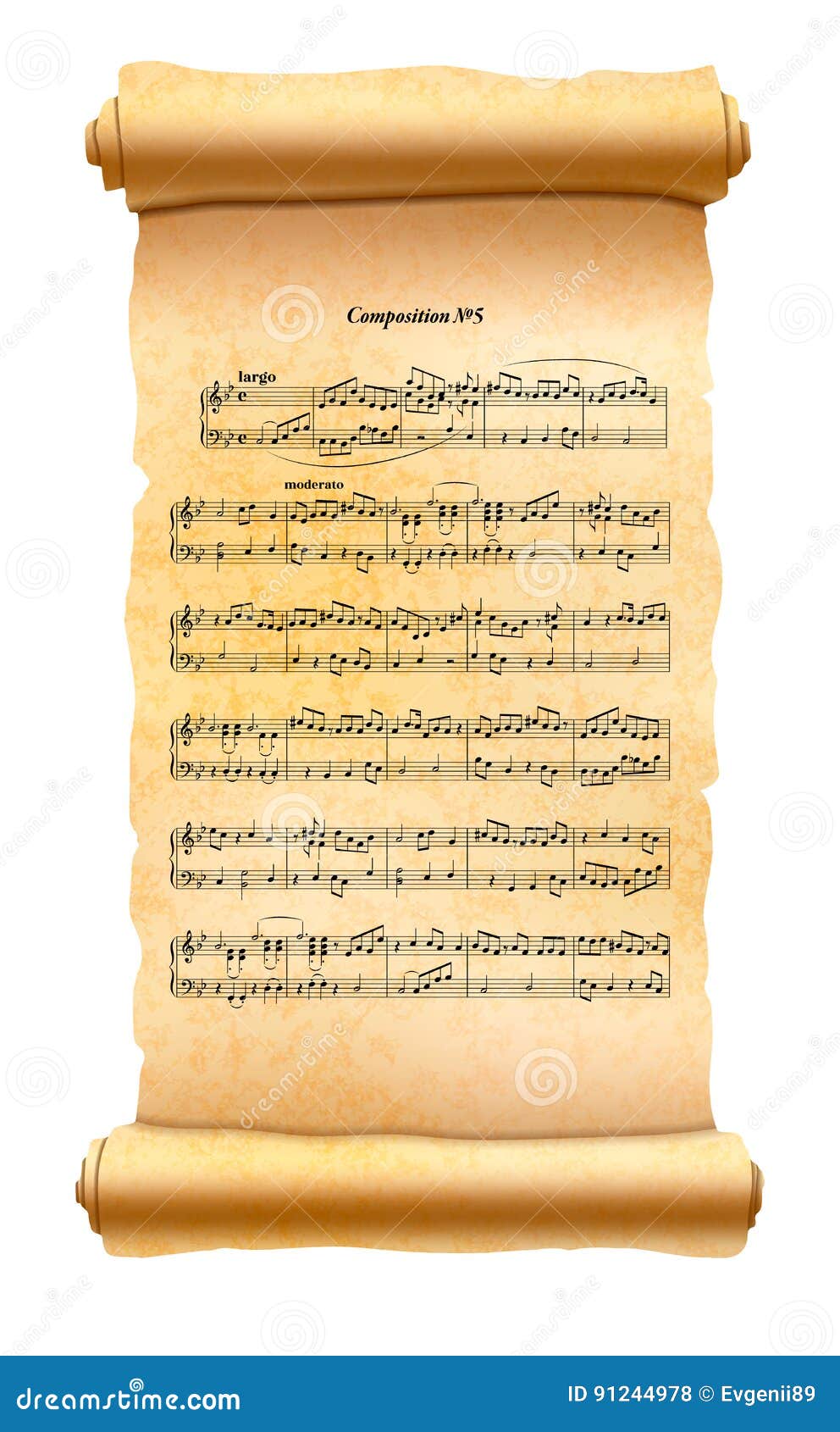 Old Textured Scroll with Musical Composition Sheet Isolated on White