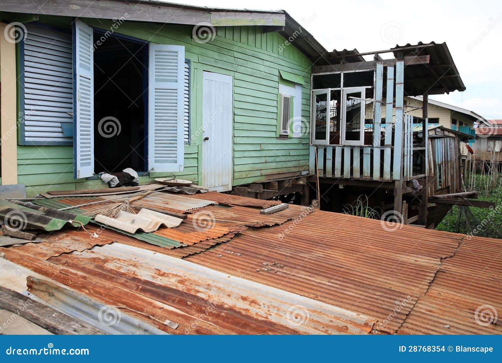 Old Thai Style Wooden House With Zinc Roof Stock Photo 