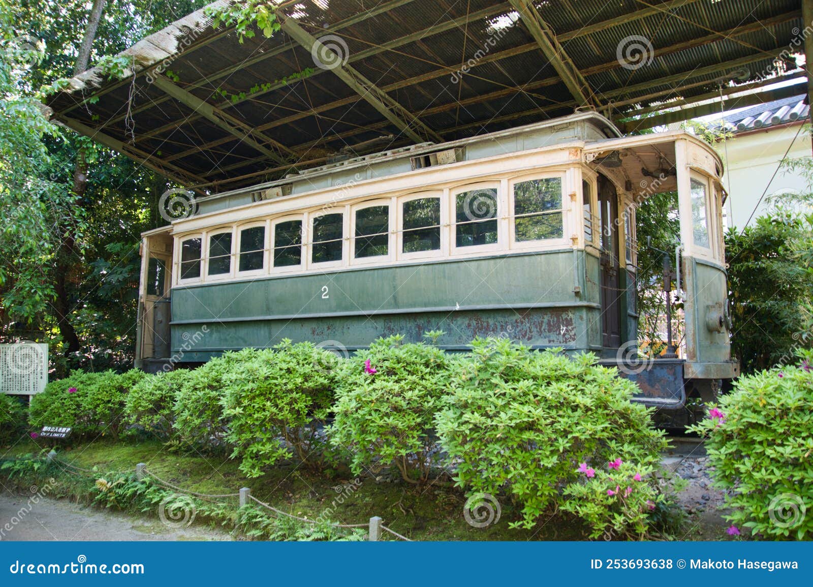the old-time streetcar display of shinen inside the heian-jingu shrine. kyoto japan