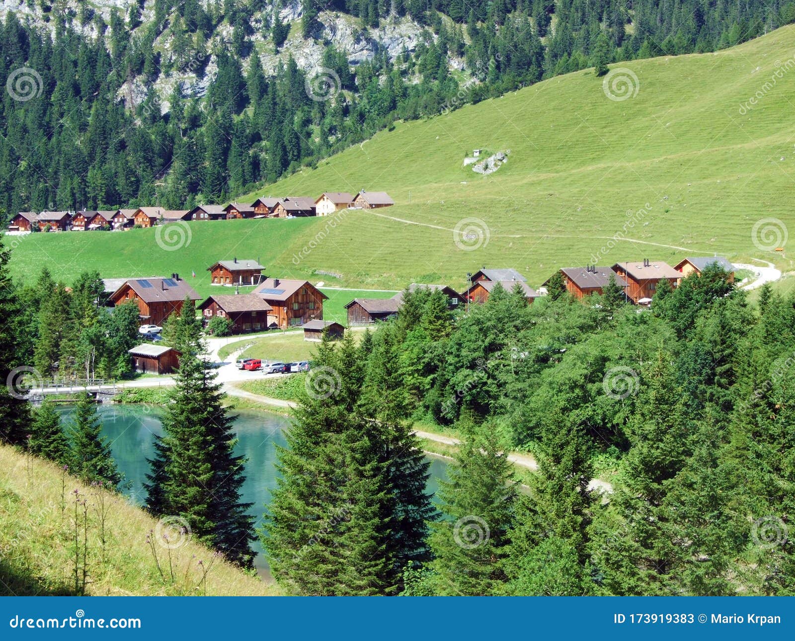 an old tourist-livestock alpine settlement in the saminatal valley and along an artificial lake gÃÂ¤nglesee ganglesee or gaenglesee