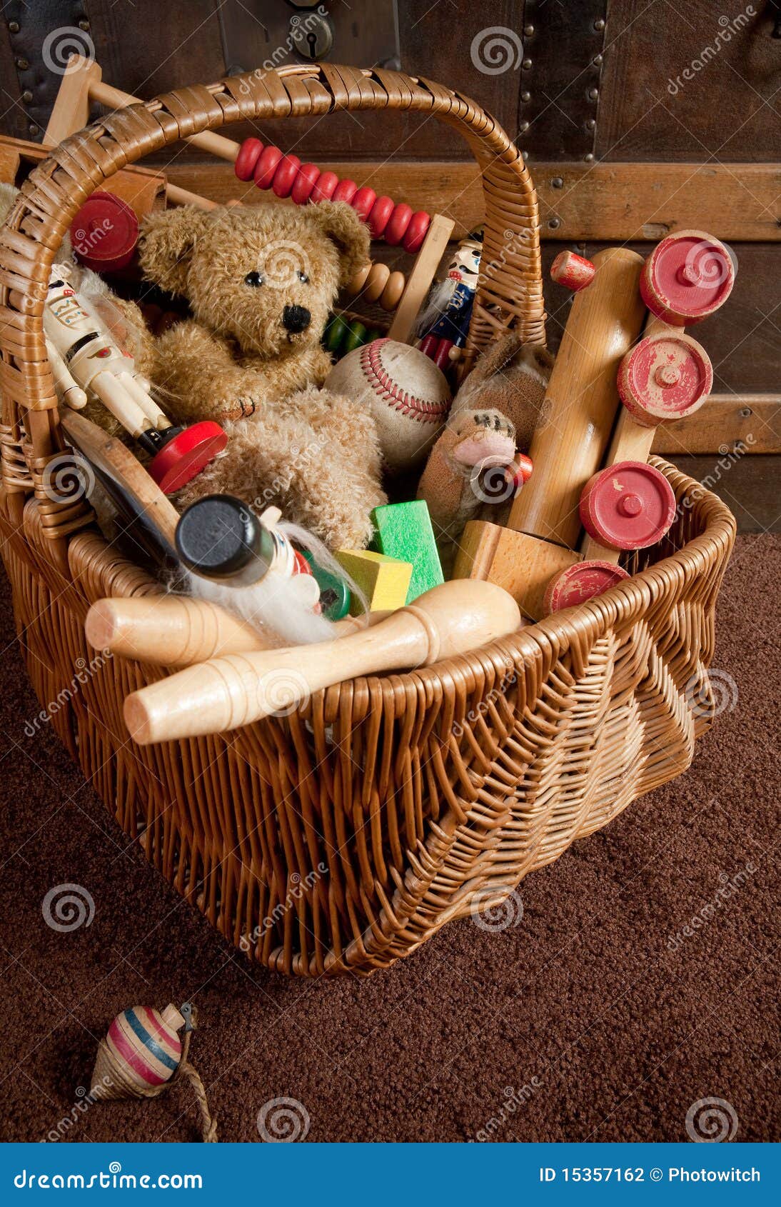 Old toys in a basket stock photo. Image of wood, toys 15357162