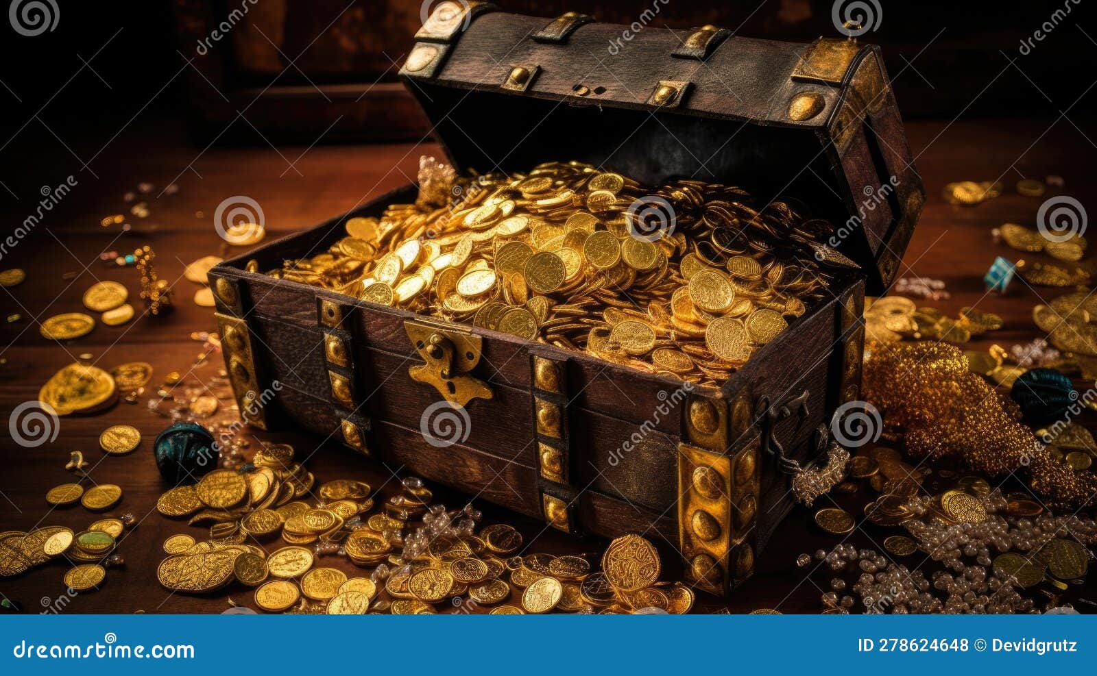 Old Treasure Chest Full of Gold. Generative AI Stock Illustration