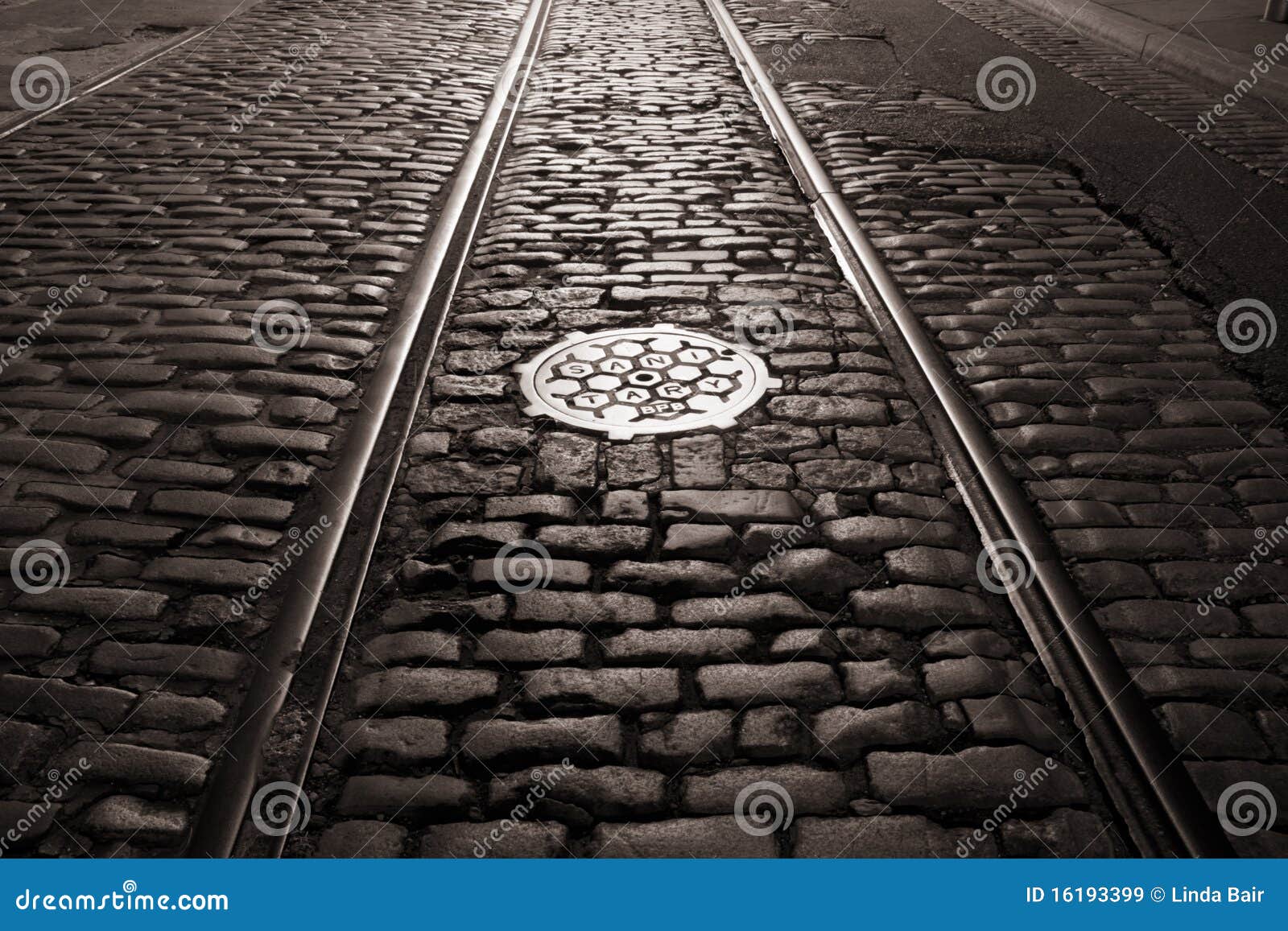 old trolley tracks and cobblestones
