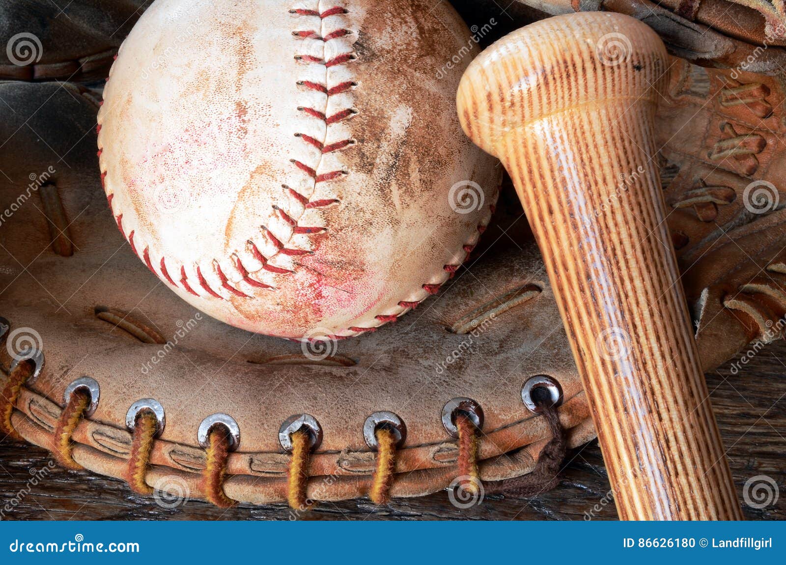 Old Used Baseball Equipment Stock Photo Image of stained, wooden
